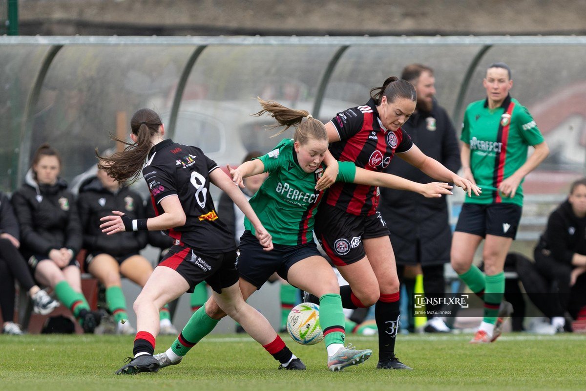 Katie Lovely and Hannah Healy of Bohemians tackle for the ball during the All-Island Cup Group match between Bohemians and Glentoran at Dalymound Park, Dublin.