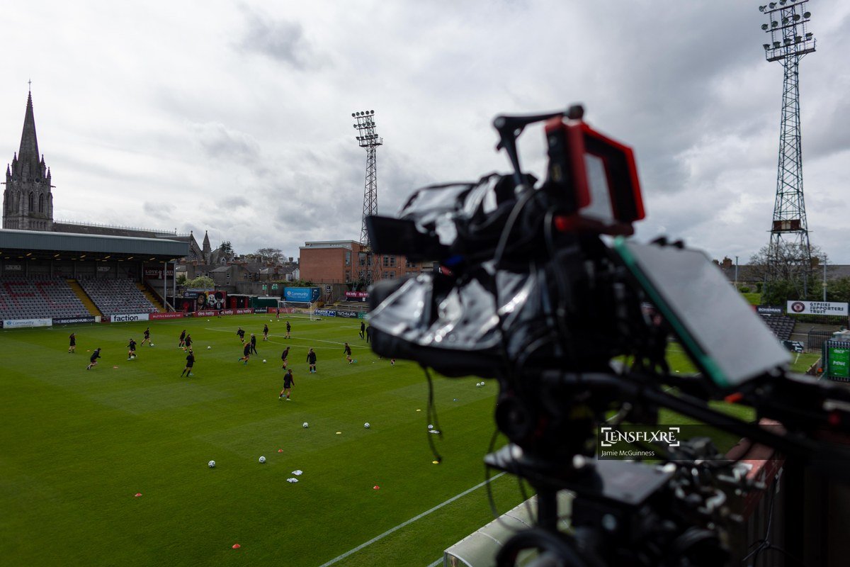 A view of a camera and Dalymound park during the All-Island Cup Group match between Bohemians and Glentoran at Dalymound Park, Dublin.