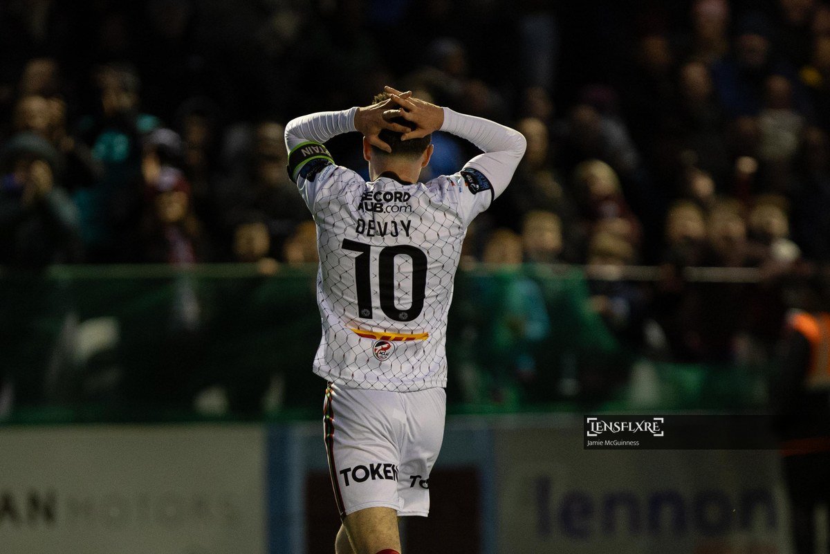 Dawson Devoy of Bohemian FC reacts after missing a chance during the SSE Airtricity League Men's Premier Division match between Drogheda United FC and Bohemian Football Club at Sullivan &amp; Lambe Park.