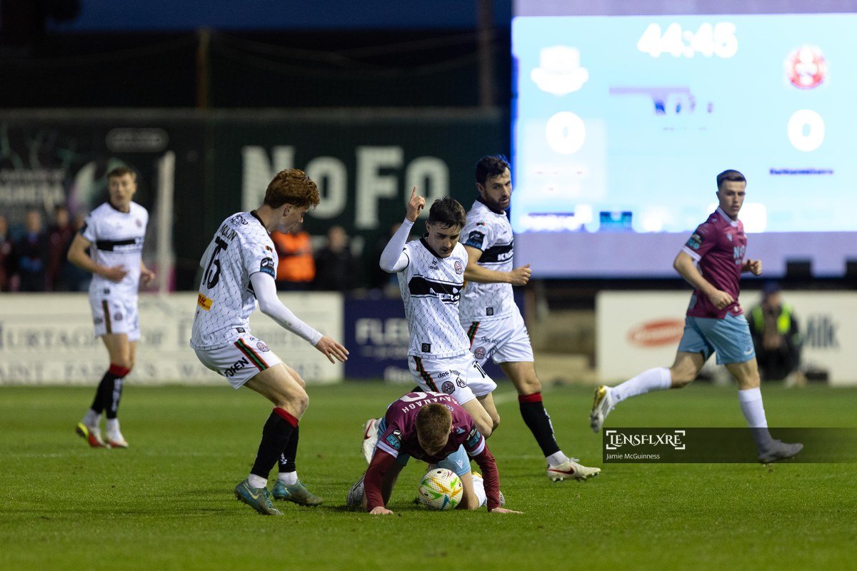 Dawson Devoy of Bohemian FC tackles for the ball during the SSE Airtricity League Men's Premier Division match between Drogheda United FC and Bohemian Football Club at Sullivan &amp; Lambe Park.